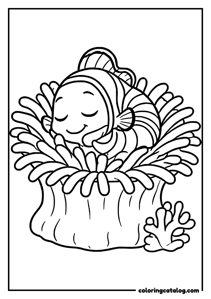 Nemo coloring page of Nemo asleep inside his sea anemone