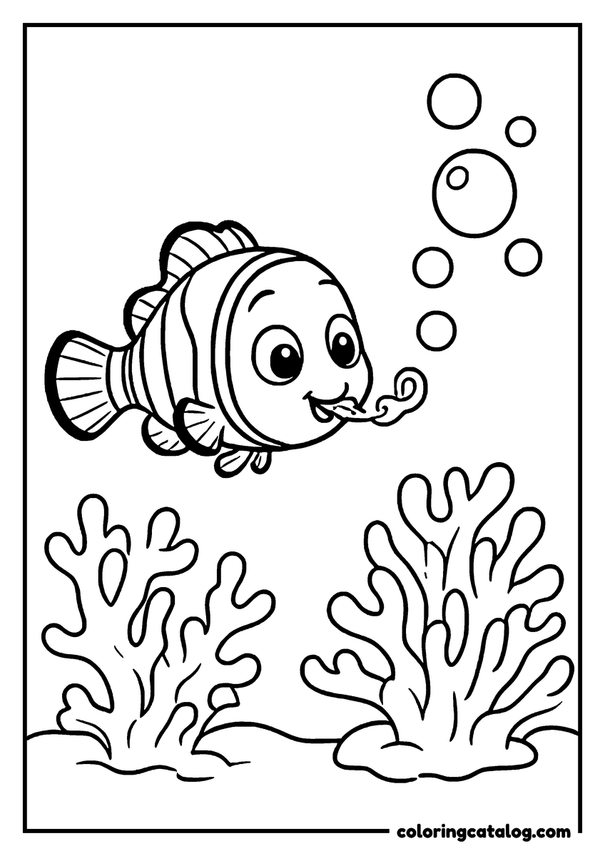 Nemo coloring page of Nemo blowing a stream of bubbles over the coral