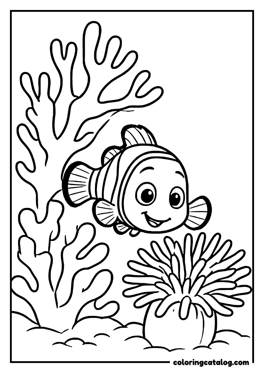 Nemo coloring page of Nemo swimming between coral and a sea anemone