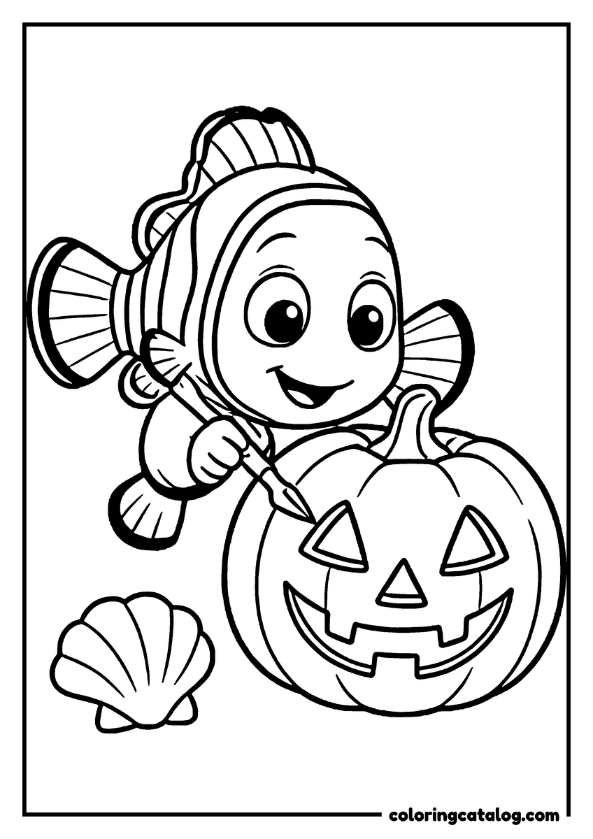 Nemo coloring page of Nemo carving a jack o'lantern on the sea floor