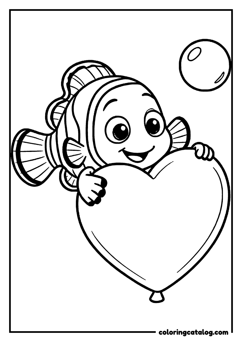Nemo coloring page of Nemo holding a big heart balloon