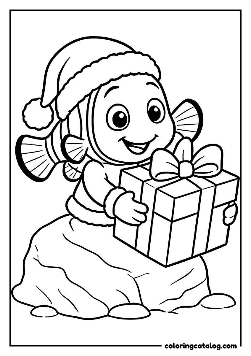 Nemo coloring page of Nemo in a Santa hat holding a present on a rock