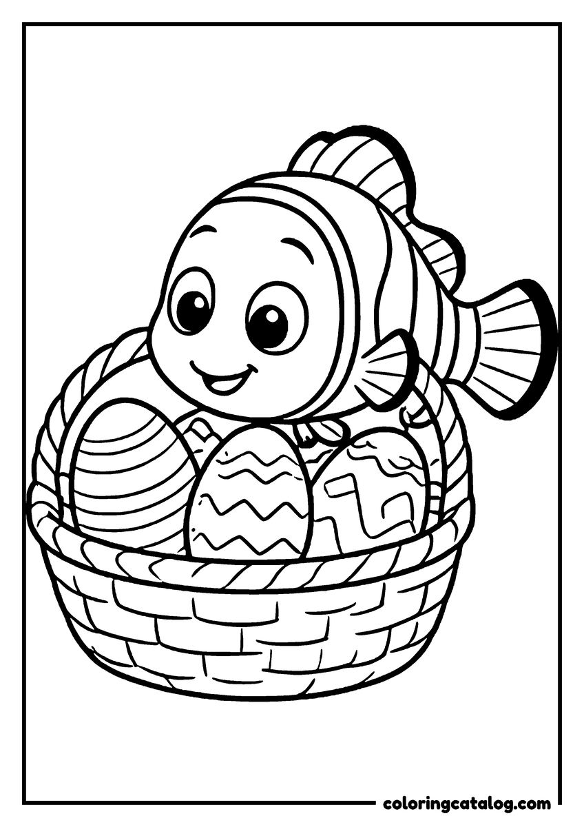Nemo coloring page of Nemo peeking out of a basket of decorated Easter eggs