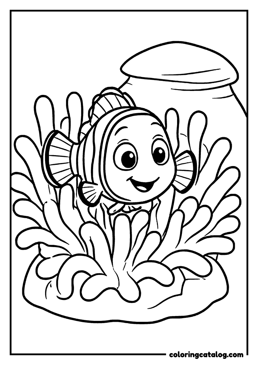 Nemo coloring page of Nemo swimming out of his sea anemone