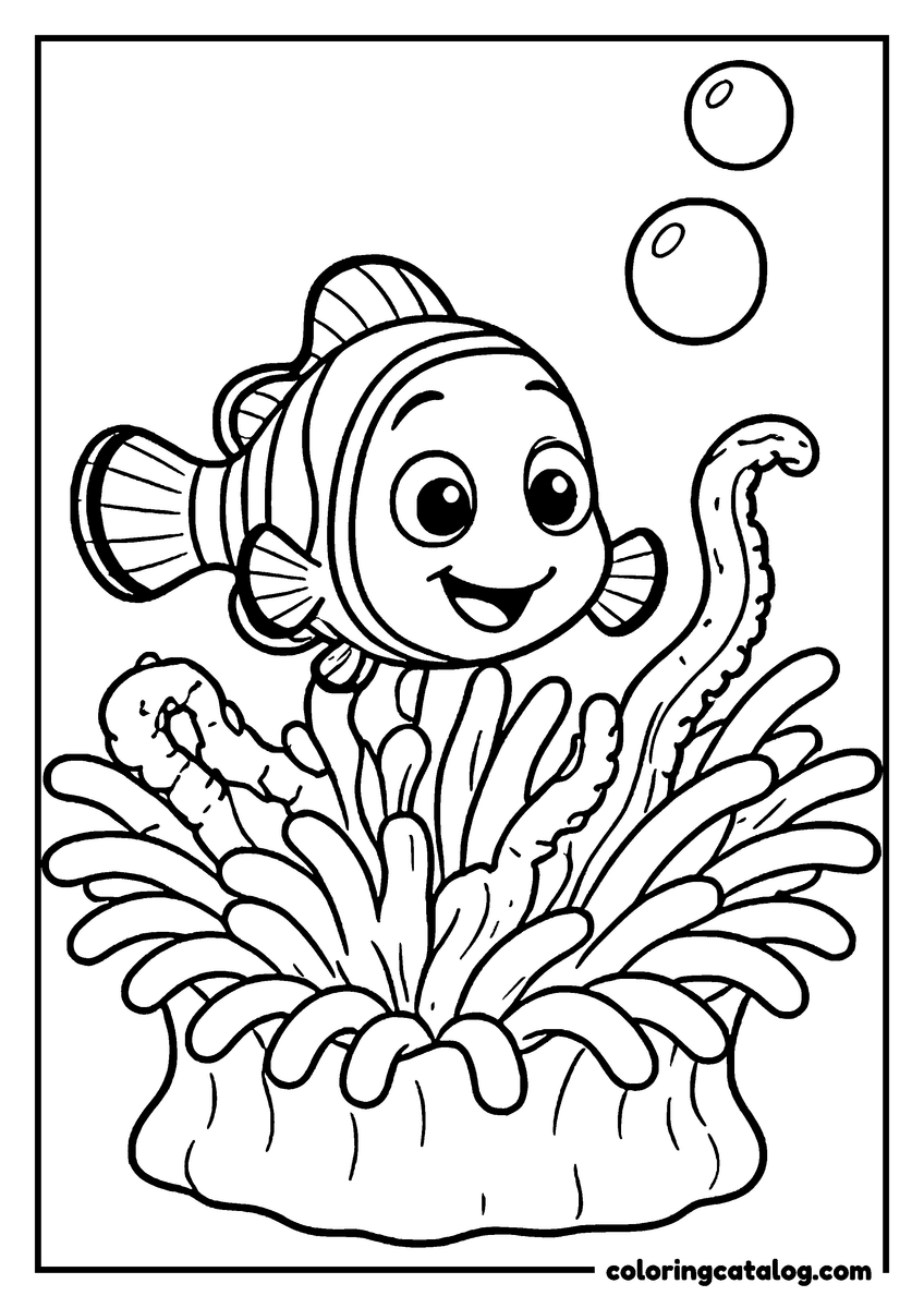 Nemo coloring page of Nemo swimming over a sea anemone with bubbles