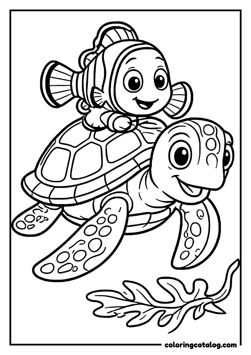 Nemo coloring page of Nemo riding on the shell of Crush the sea turtle