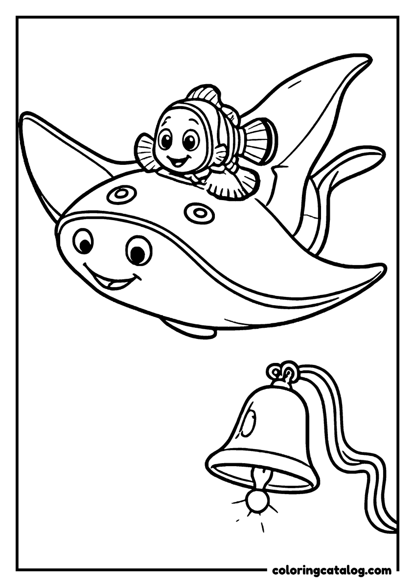 Nemo coloring page of Nemo riding on Mr. Ray the spotted ray next to a school bell
