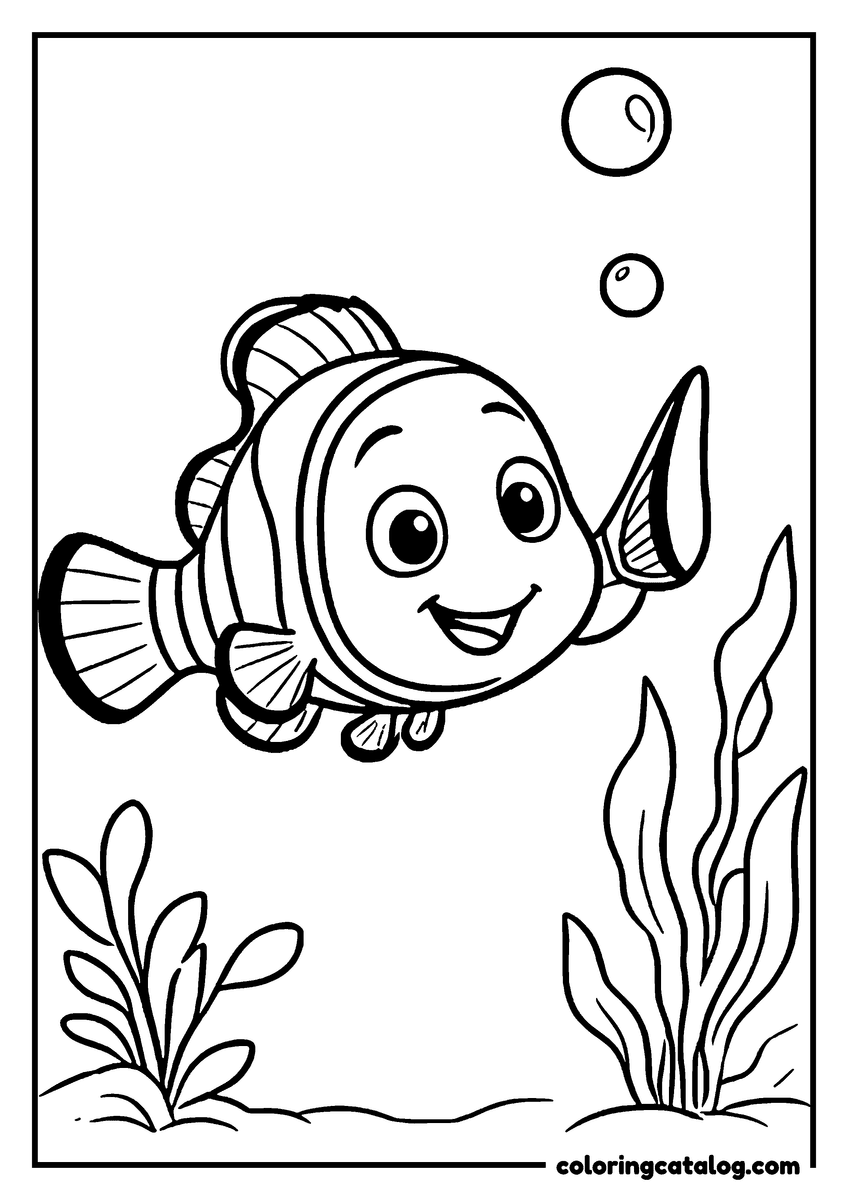 Nemo coloring page of Nemo swimming among seaweed and bubbles