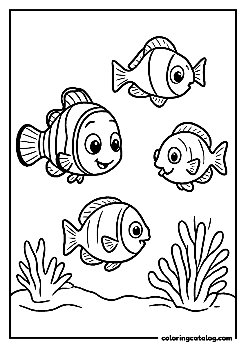 Nemo coloring page of a school of little fish and a clownfish swimming over the coral