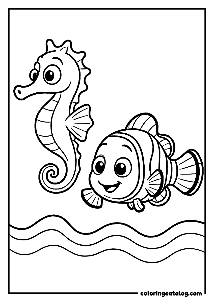 Nemo coloring page of a seahorse and Nemo swimming over a wavy sea floor