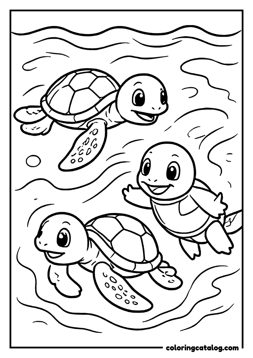 Nemo coloring page of three sea turtles swimming in the current