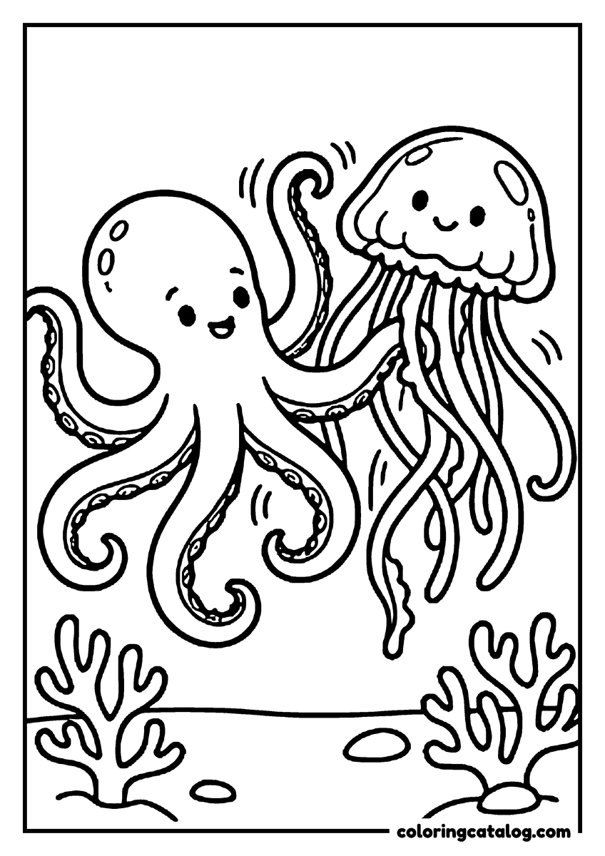 Printable coloring page: An octopus and a jellyfish swimming together