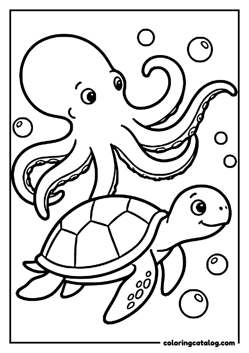 Printable coloring page: An octopus swimming with a sea turtle among bubbles