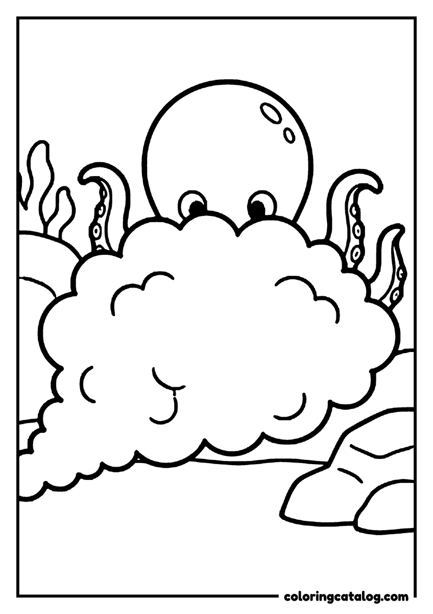 Coloring page: An octopus peeking over a cloud of ink