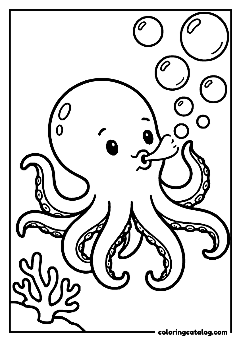 Free printable coloring sheet: An octopus blowing a stream of bubbles