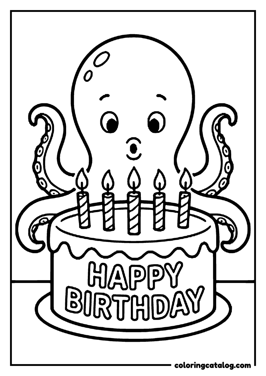 Free printable coloring sheet: An octopus blowing out the candles on a HAPPY BIRTHDAY cake
