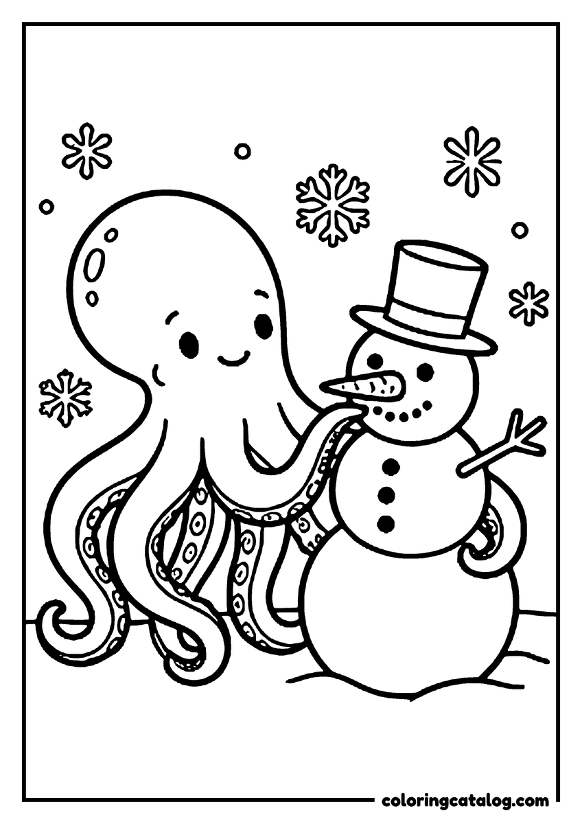 Free printable coloring sheet: An octopus building a snowman in a top hat