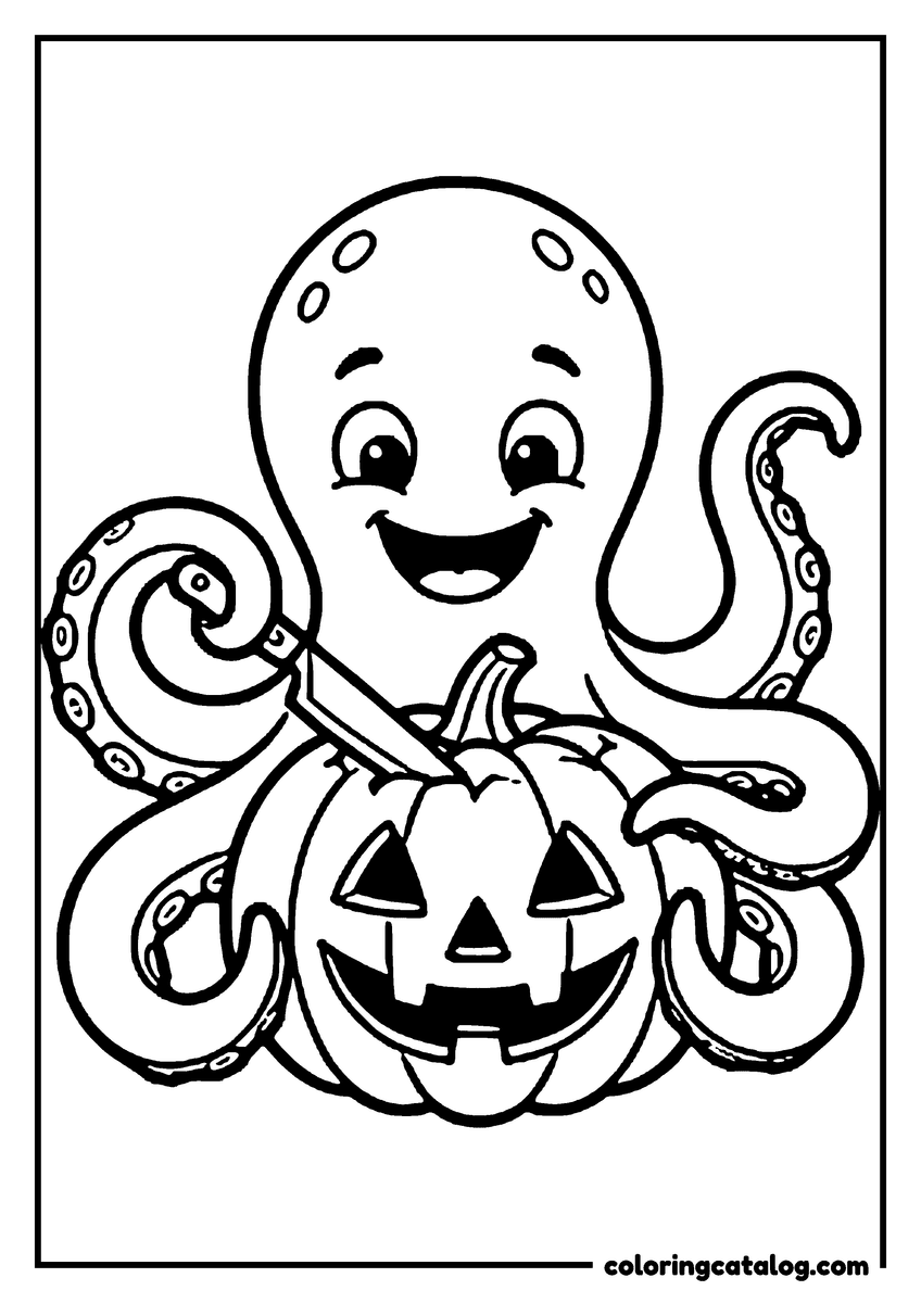 Free printable coloring sheet: A grinning octopus carving a jack o'lantern