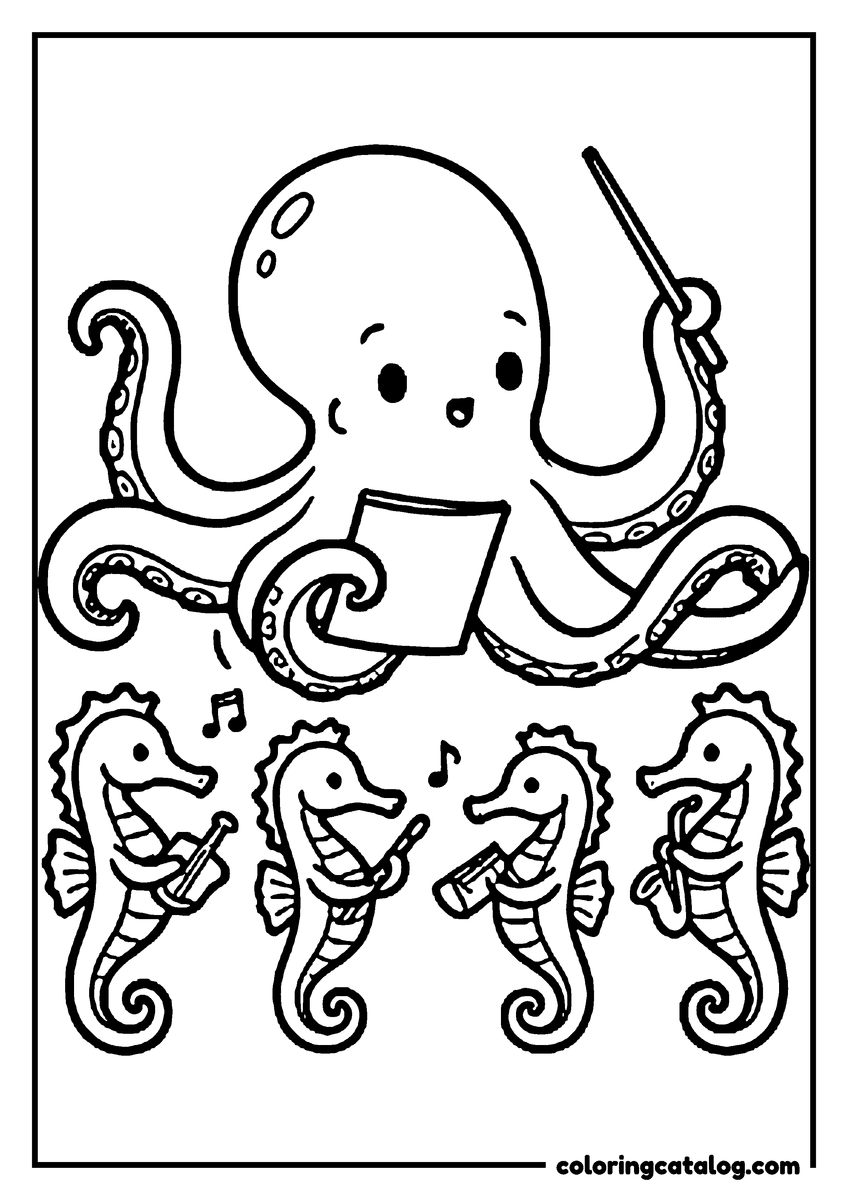 Printable coloring page: An octopus conducting a band of singing seahorses