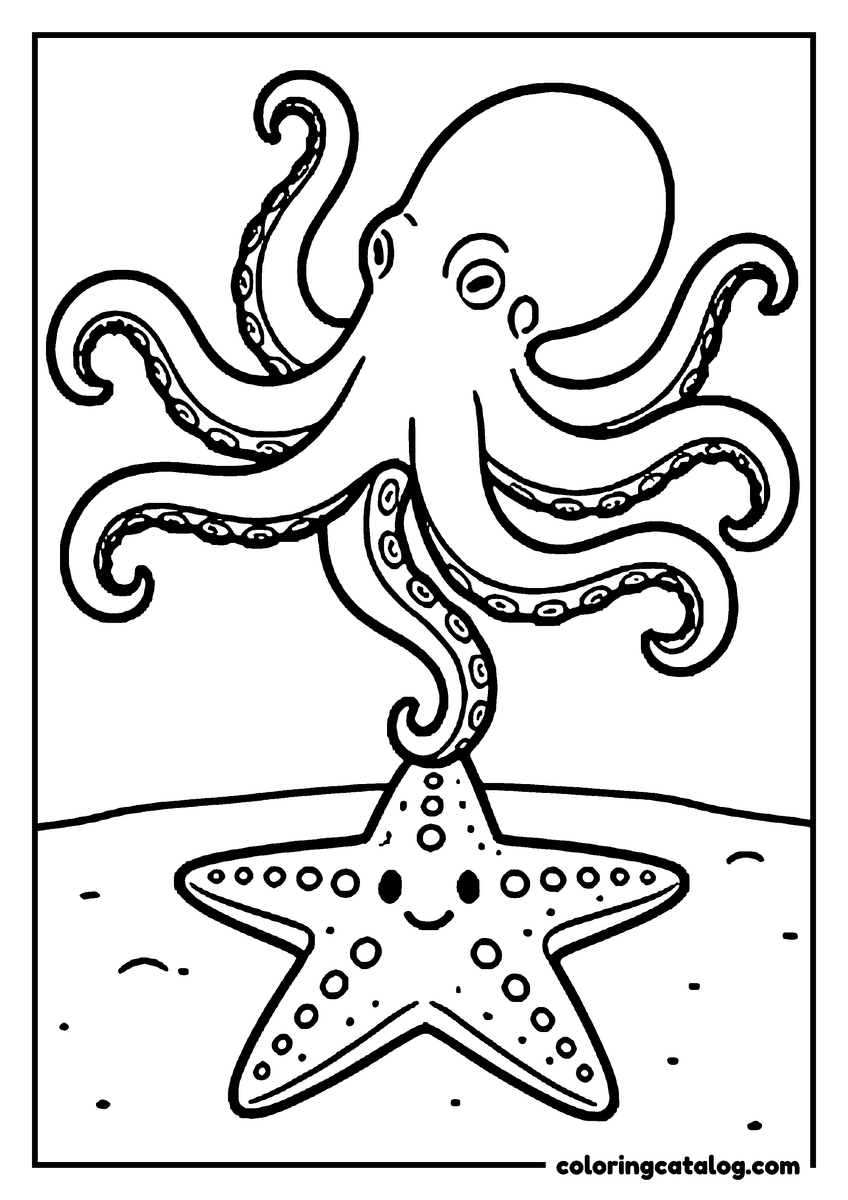 Coloring page: An octopus balancing on a smiling starfish