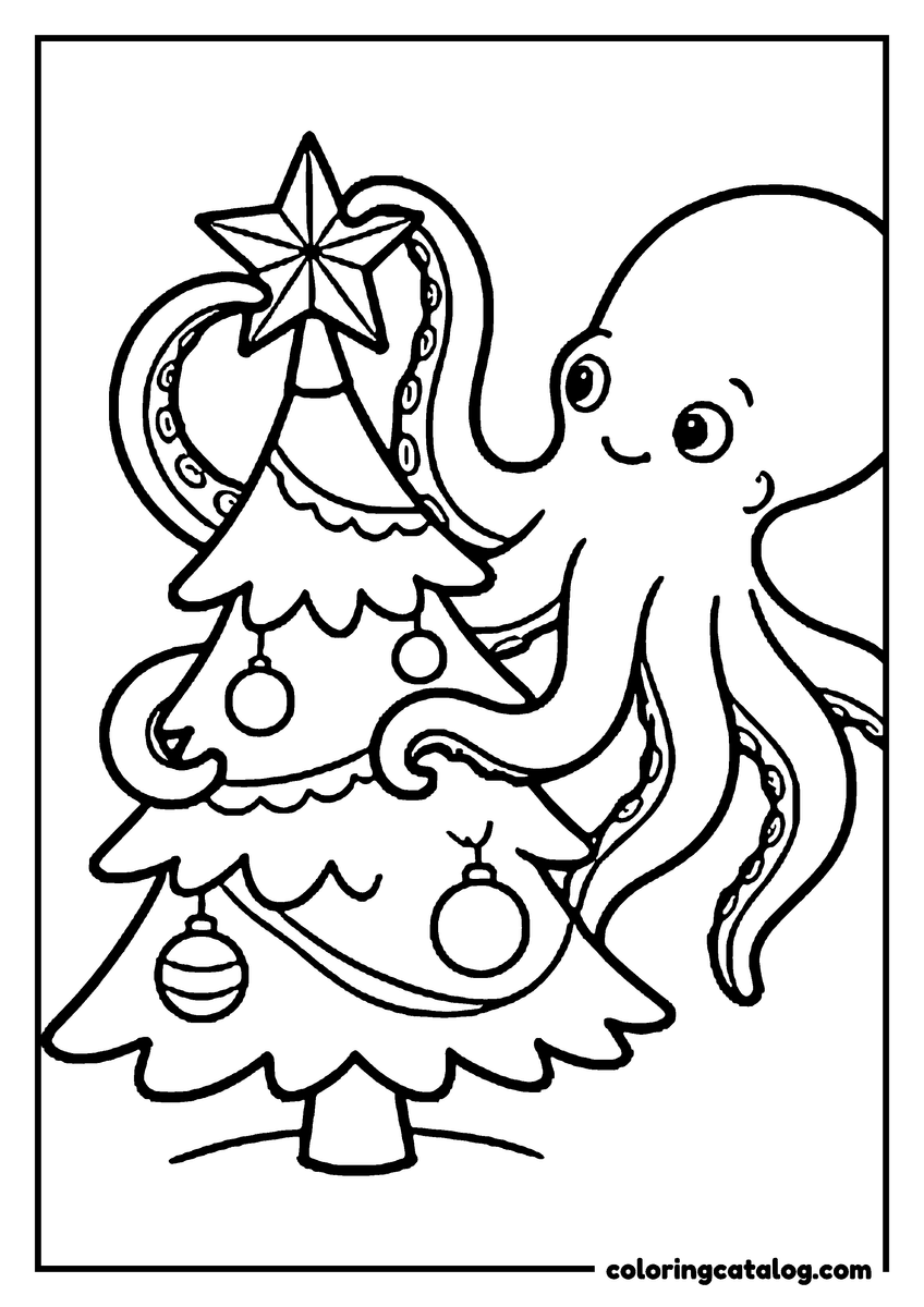 Printable coloring page: An octopus putting the star on a Christmas tree