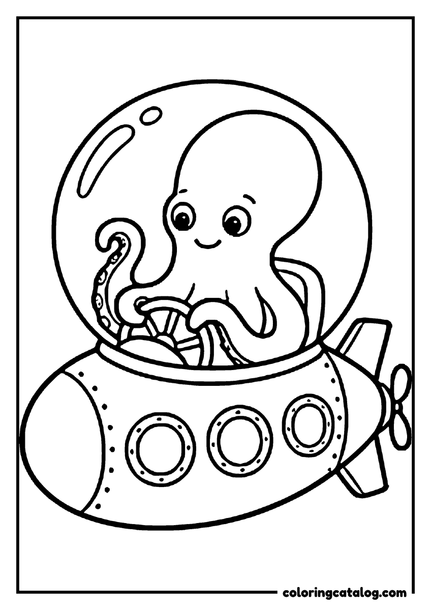 Printable coloring page: An octopus steering a little submarine with round portholes