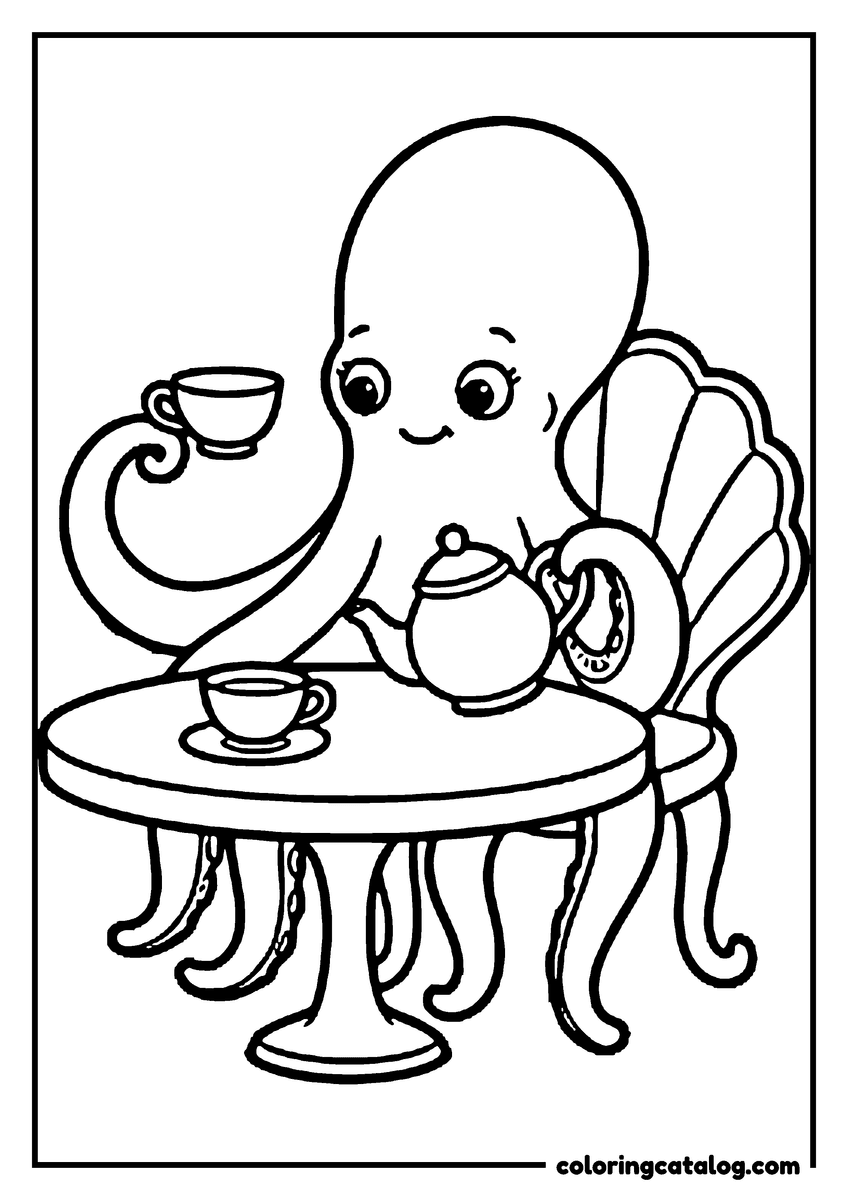 Printable coloring page: An octopus pouring tea at a little table on a shell chair