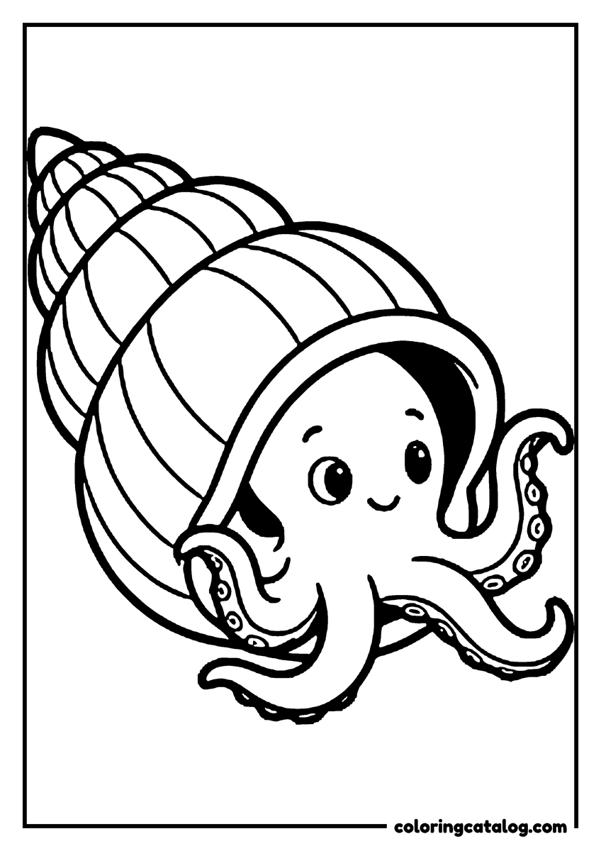 Printable coloring page: An octopus peeking out of a big spiral seashell