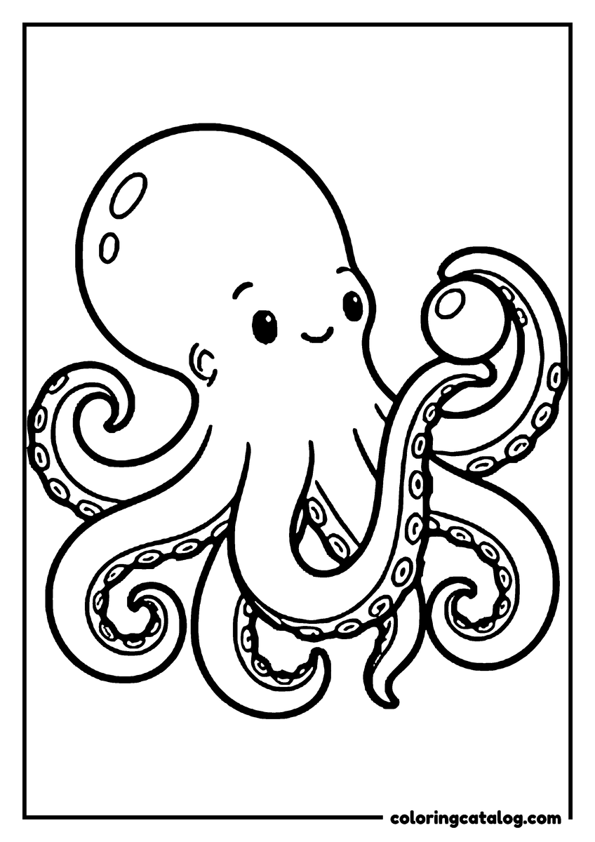 Coloring page: A cute octopus holding up a pearl