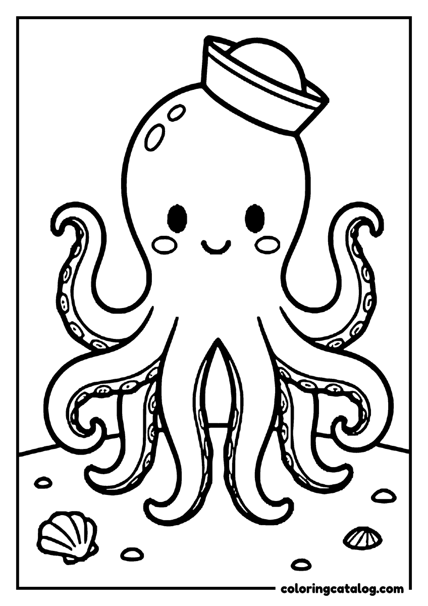 Free printable coloring sheet: A cute octopus wearing a sailor hat