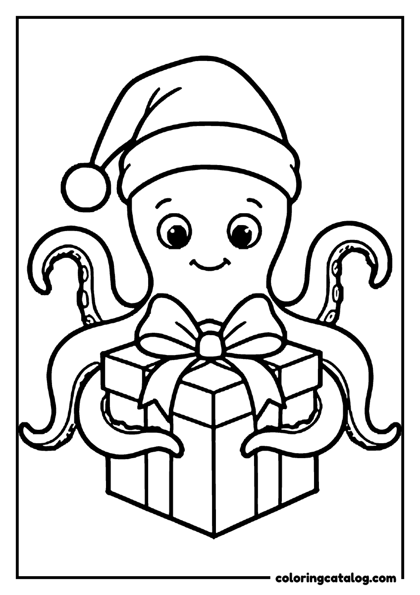 Coloring page: An octopus in a Santa hat holding a wrapped present