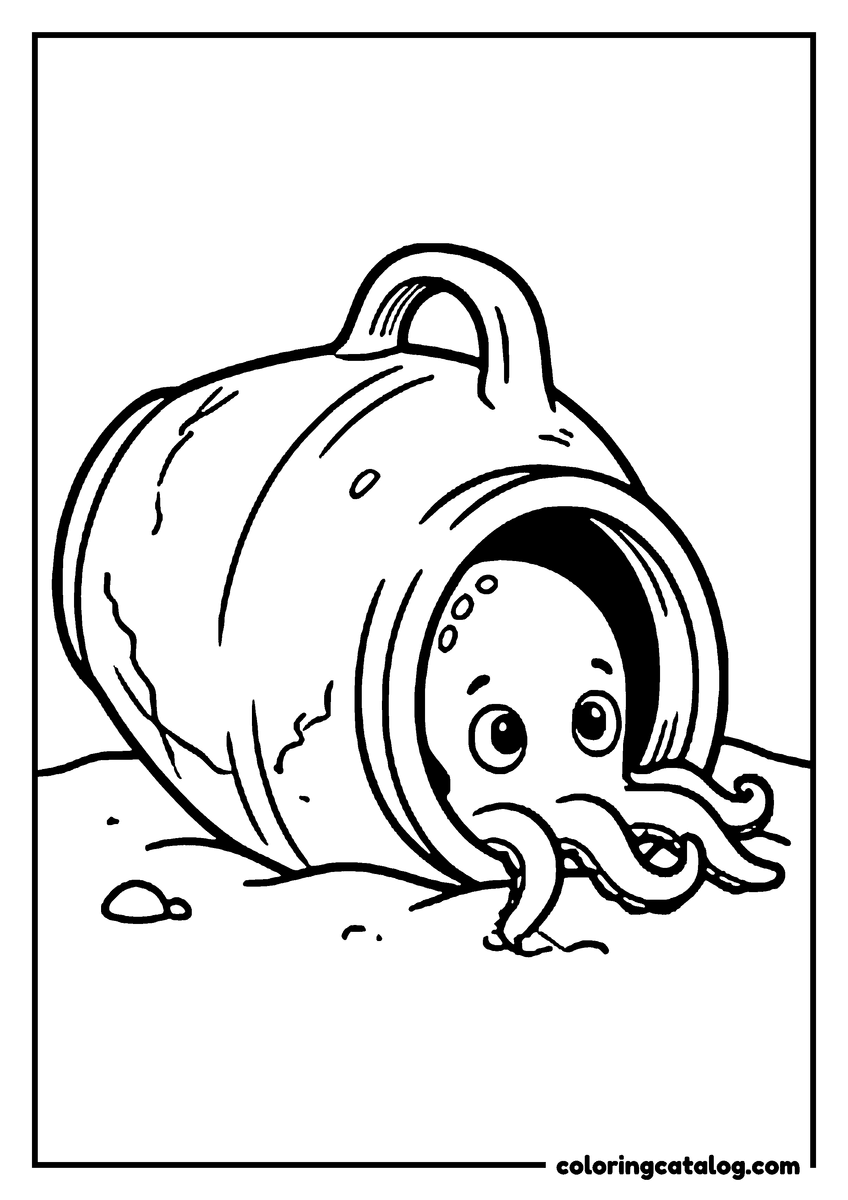 Coloring page: A little octopus peeking out of an old jar on the sea floor