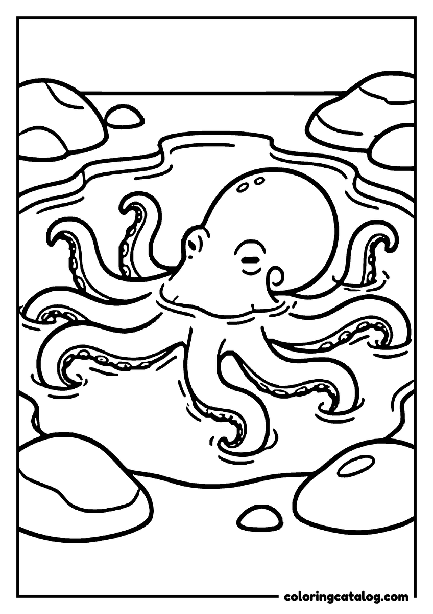 Printable coloring page: An octopus resting in a rocky tide pool