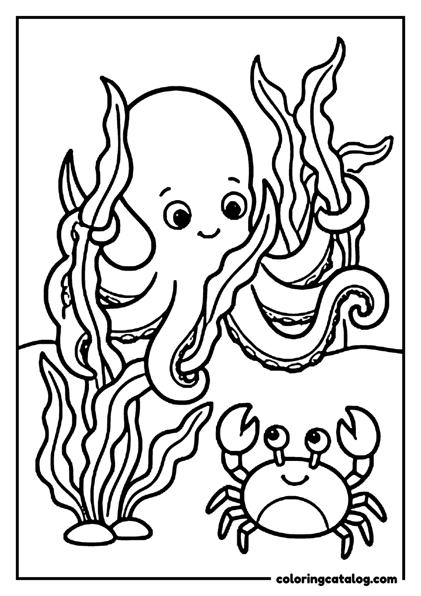 Coloring page: An octopus in the seaweed with a little crab