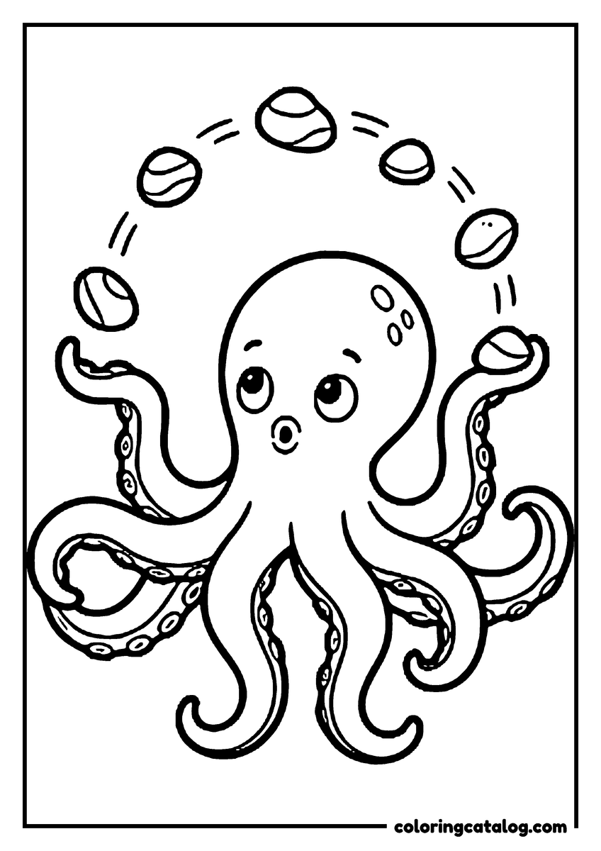 Free printable coloring sheet: An octopus juggling pebbles with its arms