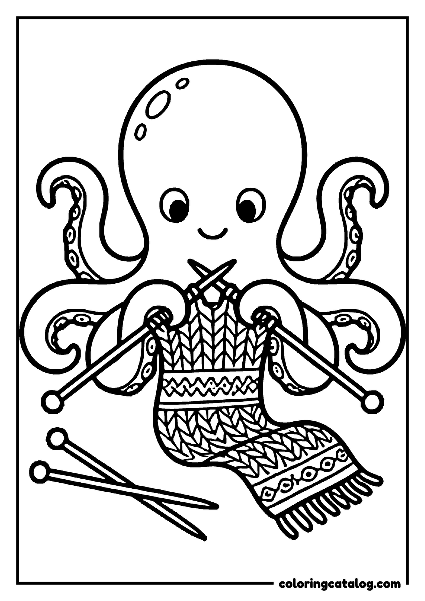 Coloring page: An octopus knitting a patterned scarf with four needles