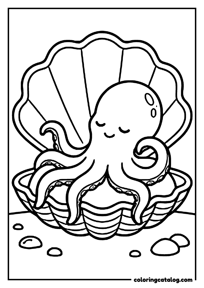 Printable coloring page: An octopus dozing in an open clam shell