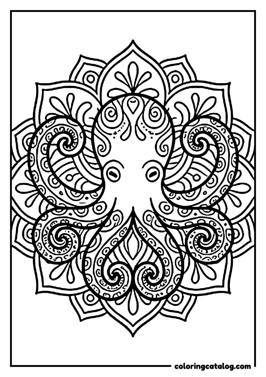 Free printable coloring sheet: An octopus filled with swirling mandala patterns
