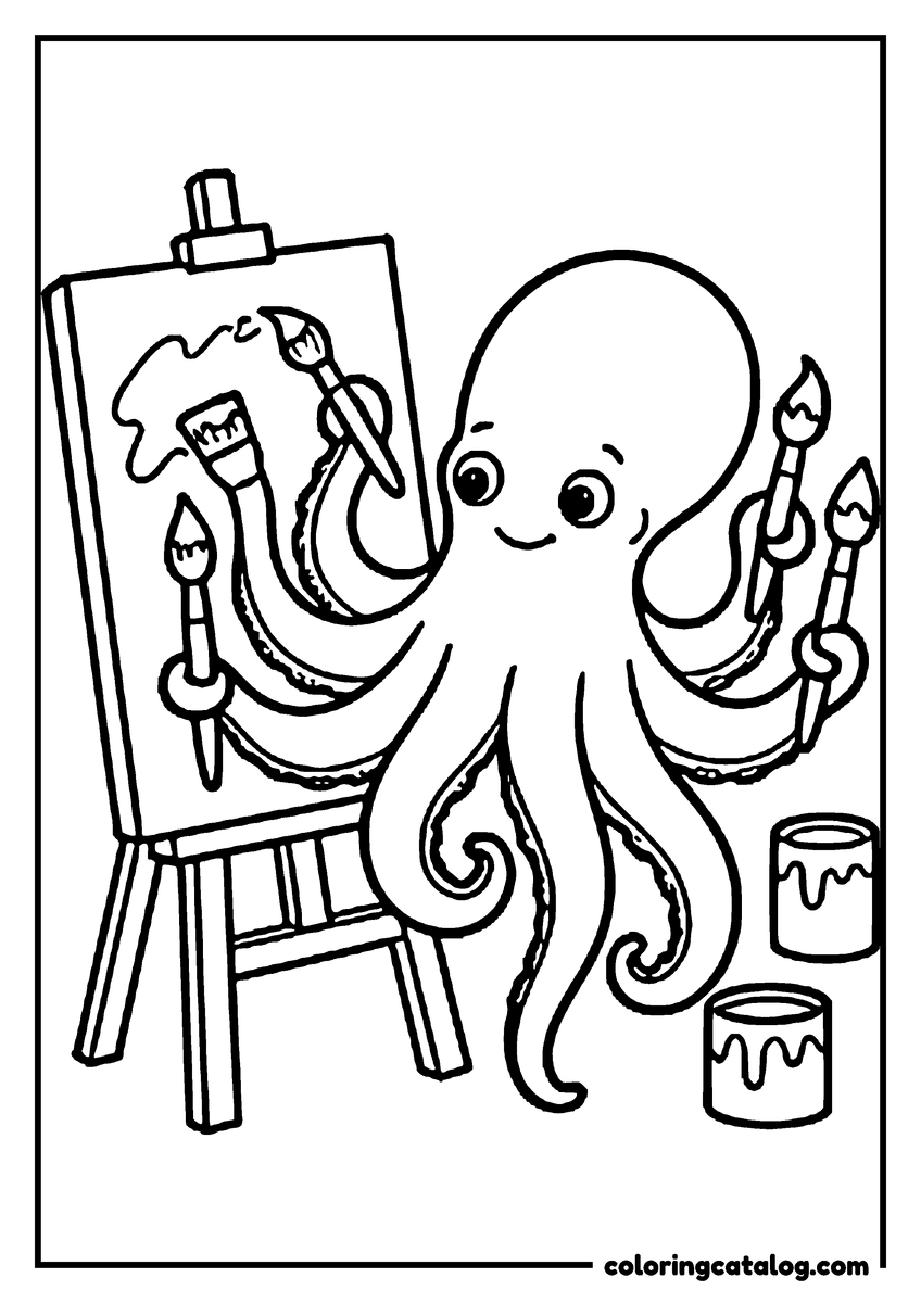 Printable coloring page: An octopus painting at an easel with a brush in every arm