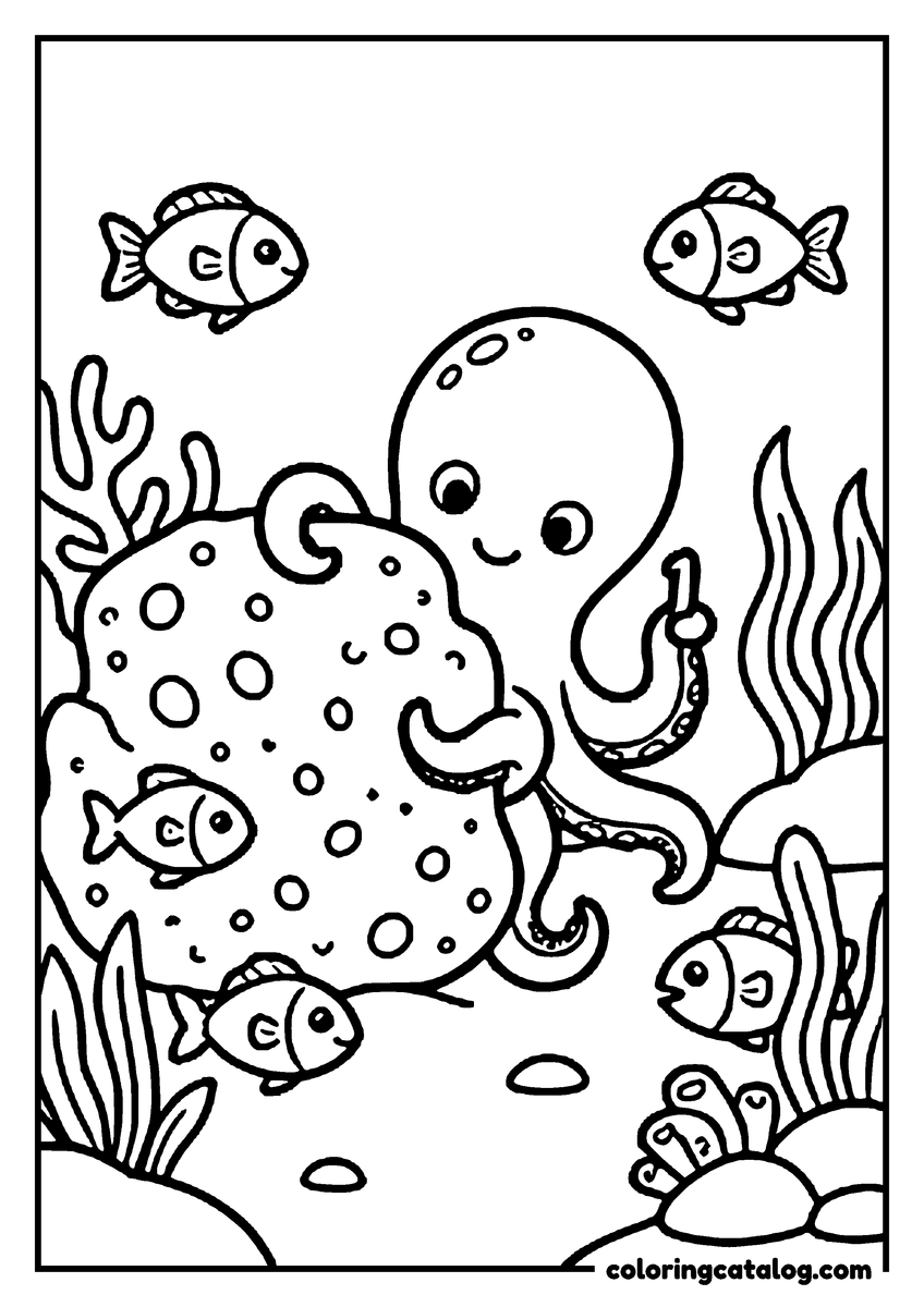Free printable coloring sheet: An octopus painting spots on a rock while fish swim by