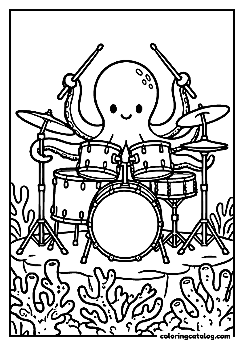 Printable coloring page: An octopus playing a drum kit among the coral