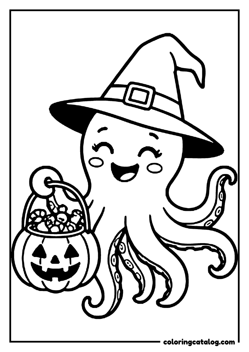 Free printable coloring sheet: An octopus in a witch hat holding a jack o'lantern bucket of candy