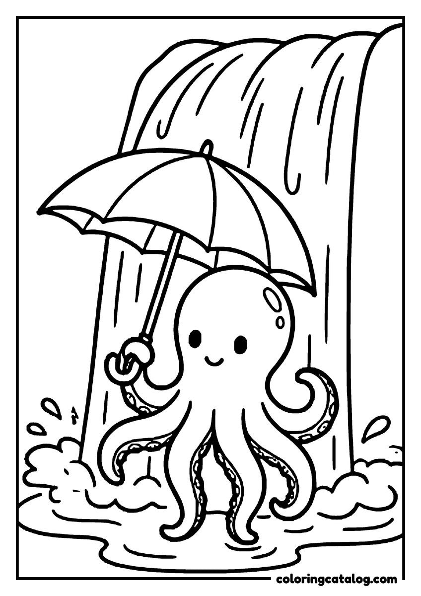 Coloring page: An octopus holding an umbrella under a waterfall