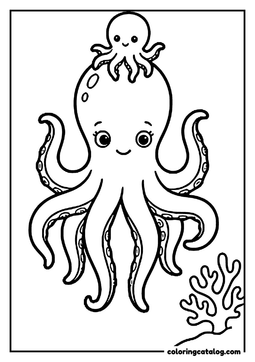 Printable coloring page: An octopus with a tiny baby octopus sitting on its head