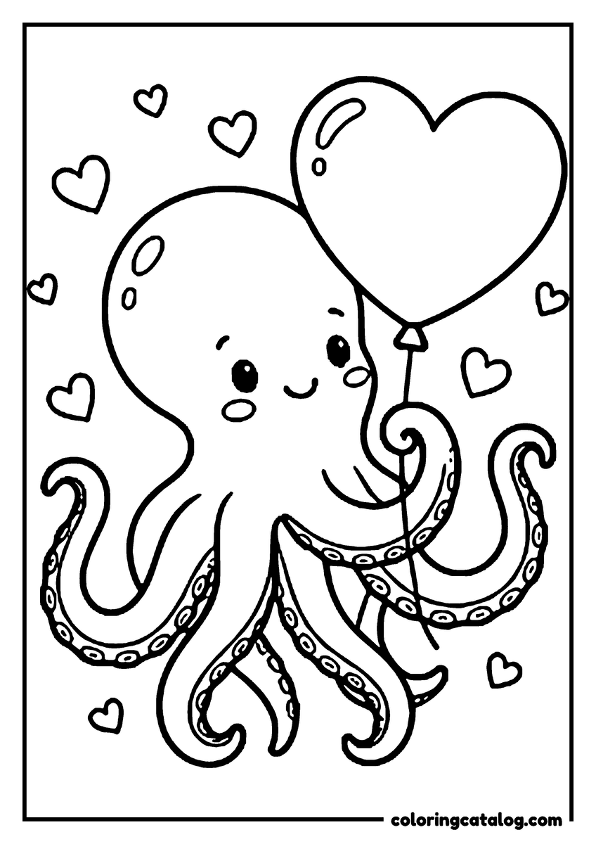 Free printable coloring sheet: An octopus holding a heart balloon among little hearts