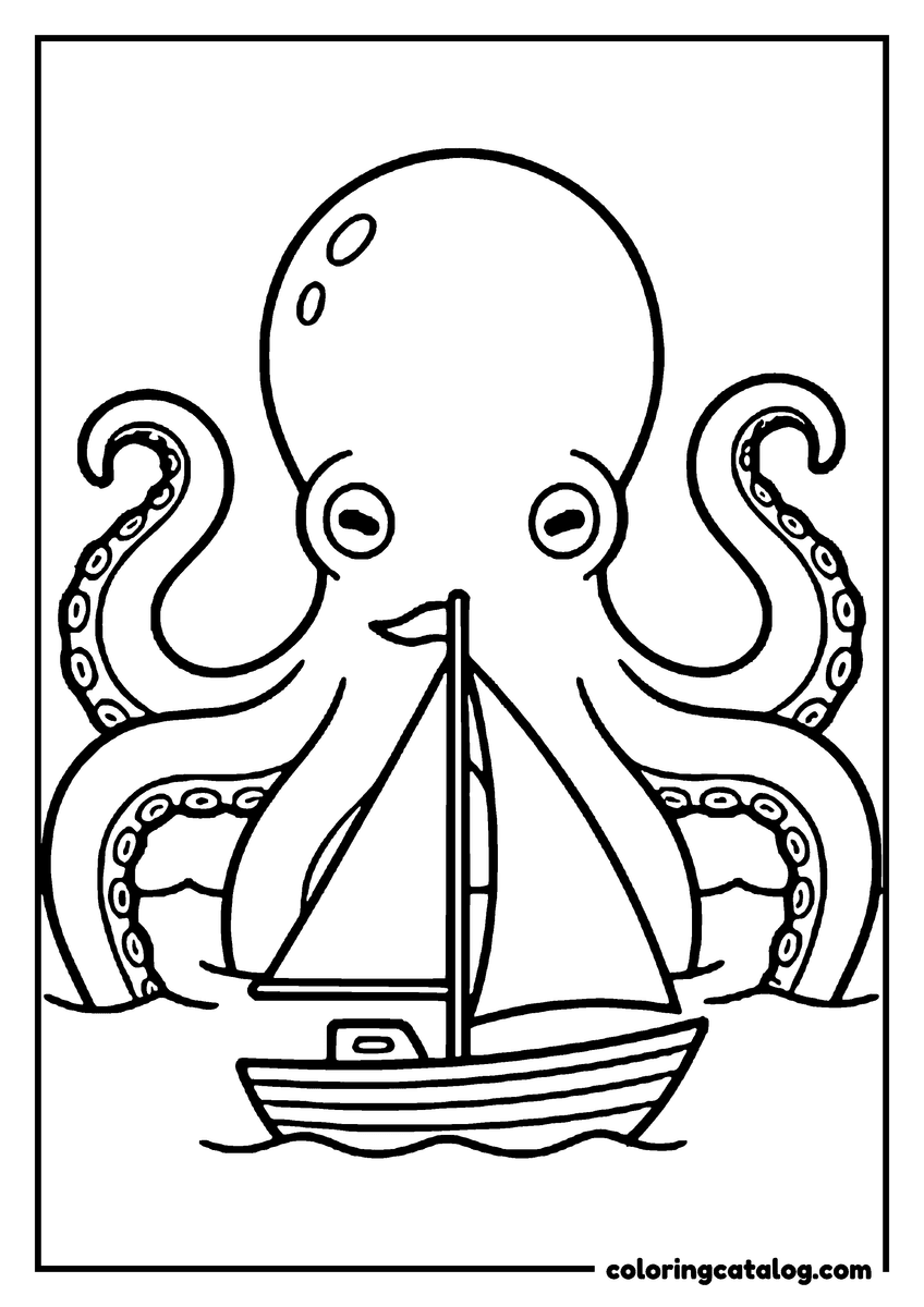 Coloring page: A big octopus holding a little sailboat on the waves