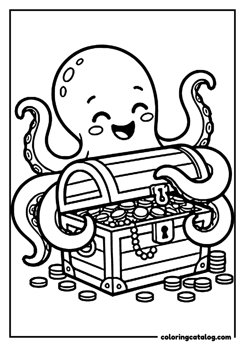 Free printable coloring sheet: An octopus hugging an open treasure chest full of coins