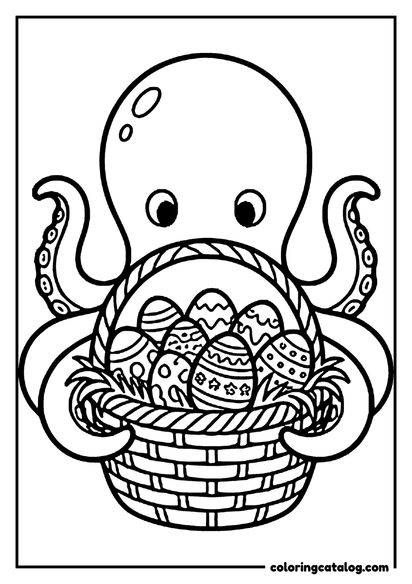 Printable coloring page: An octopus holding a basket of decorated Easter eggs
