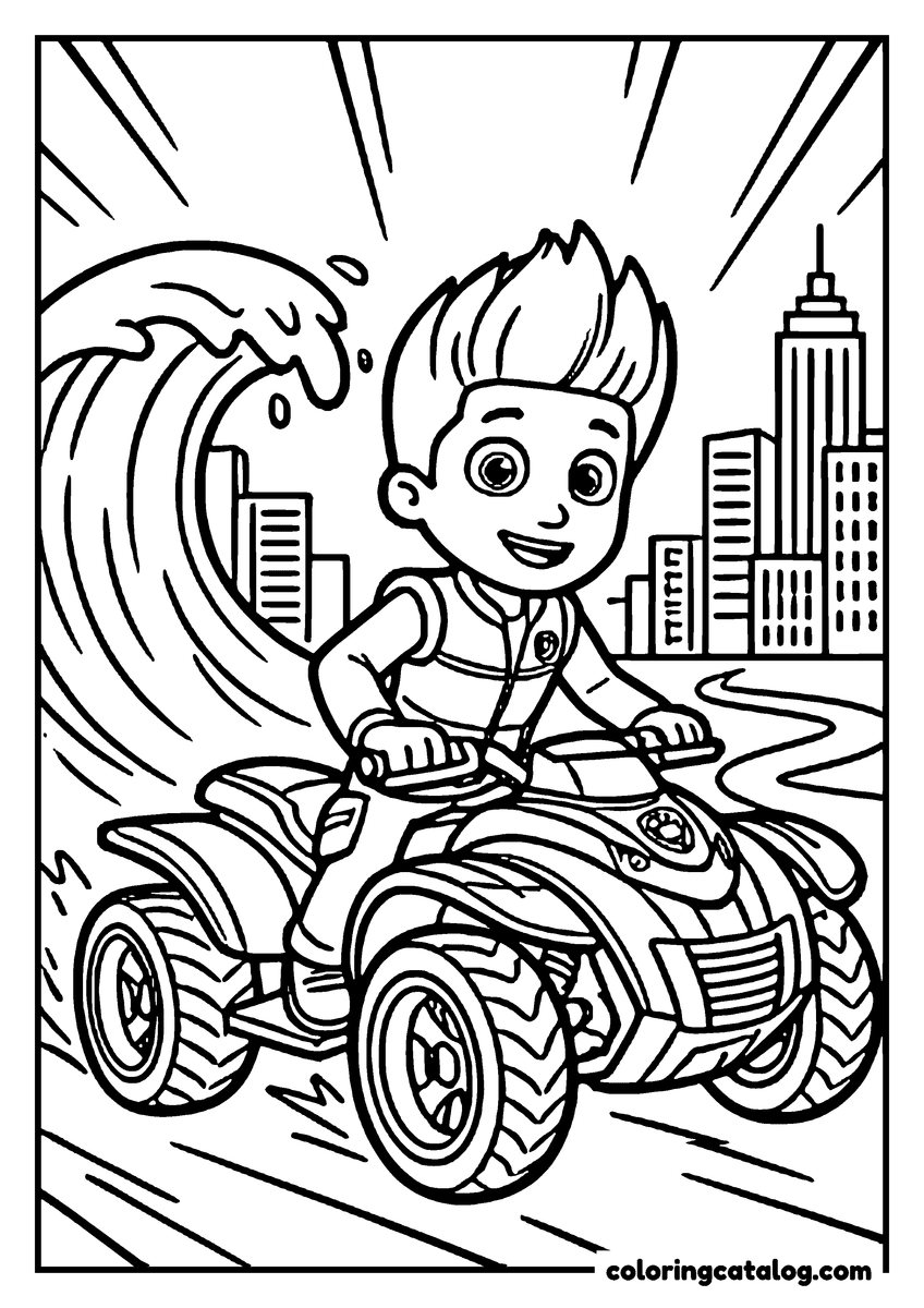 Printable Paw patrol coloring page: Ryder riding his quad bike through the city, a wave curling up behind the buildings