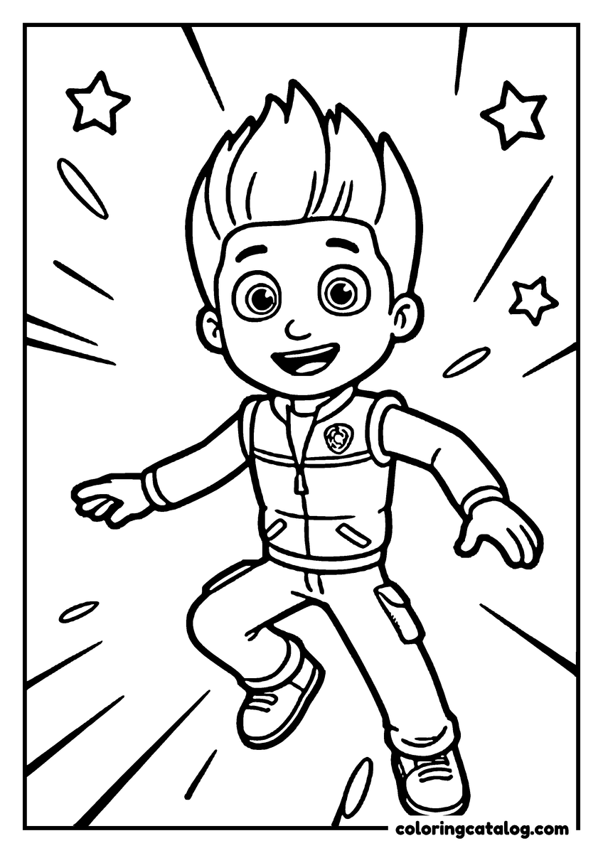 Paw patrol coloring page: Ryder leaping with both arms out, in his gilet and gloves, stars around him